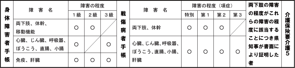 自宅投票にあたり重度障害者など一定の条件一覧表