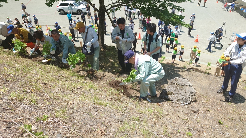 記念植樹をする石川町長